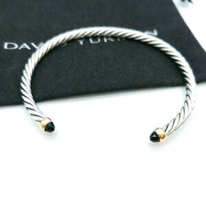 David Yurman Sterling Silver & 14k Gold 4mm Flex Black Onyx Cable Bracelet 7inch